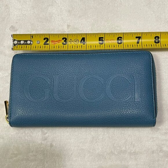 Gucci Blue Leather Zip-Around Wallet Embossed Logo Authentic - Picture 13 of 14